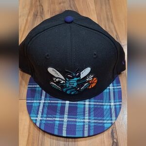 Hornets Black SNAPBACK Blue Plaid Brim and Embroidered Hornet Adult